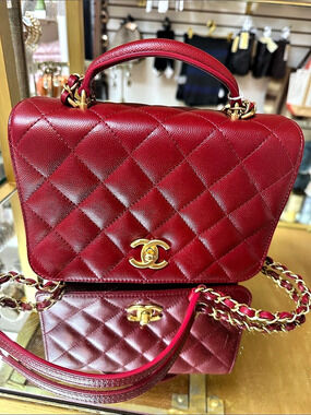 Chanel Small Flap Bag with Top Handle Red Caviar Gold Hardware in Red